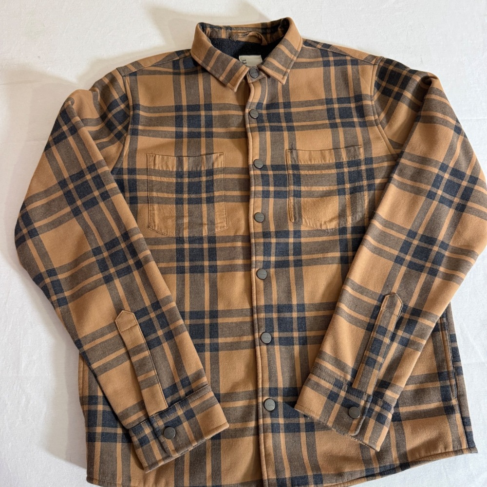 Vuori Mens Plaid Fleece Lined Shirt Jacket Tan Brown Snap Front Size Medium